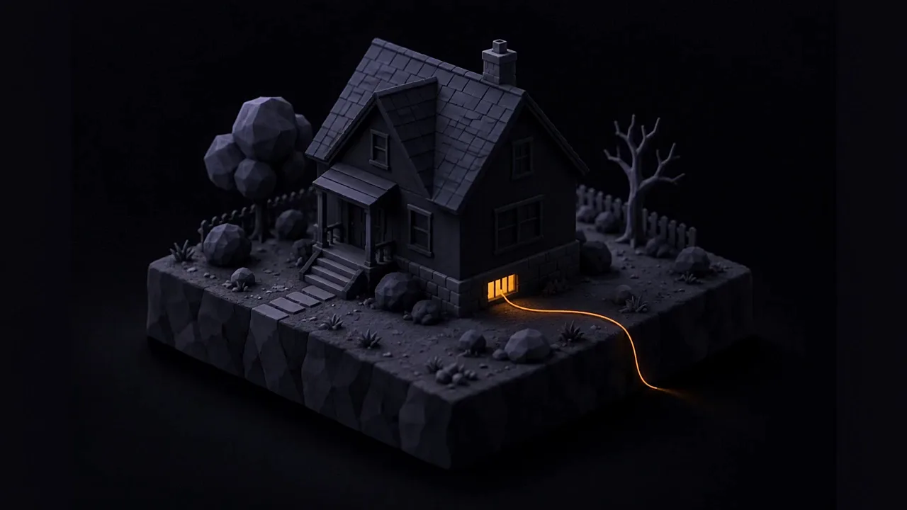 A dark house at 2am with one basement window lit
