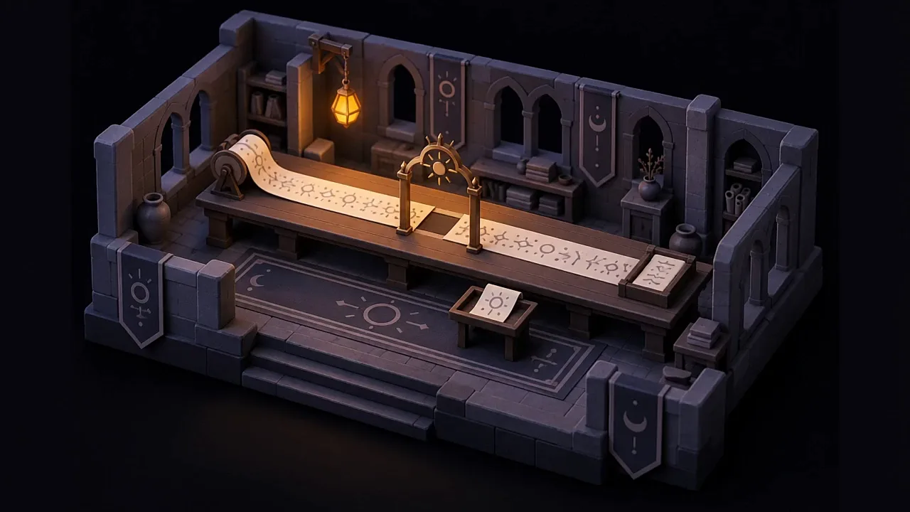 A desk with a ribbon of script passing through a gate