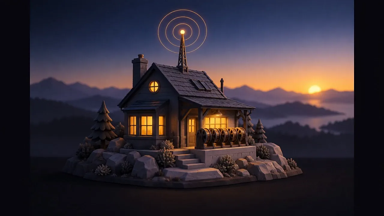 The house at dawn with every window lit and reels racked